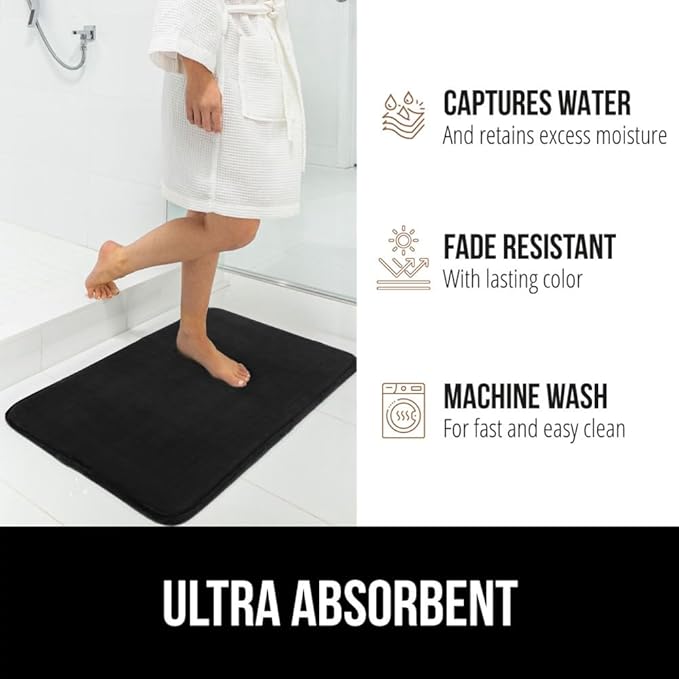 GORILLA GRIP Memory Foam Bath Mat, Soft Absorbent Velvet Bathroom Mats, Durable Dots on Underside, Machine Washable Bathmat, Carpet Rug Room Decor for Shower Tub Floor RV, 24x17 Rugs, Black