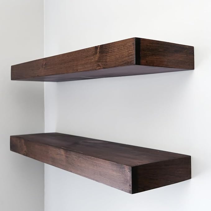 Urbandi Modern Floating Shelves 3 Inches Thick for Wall, Wide Shelves for Kitchen, Living Room, Bedroom, and Bathroom, Natural Pine Wood, Rustic Wooden Shelf, (Set of 2) (Provincial, 36Lx3Hx8D)