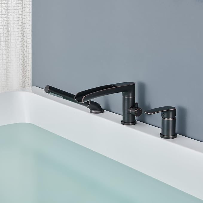 Waterfall Roman Tub Faucet Oil Rubbed Bronze Deck Mount Bathtub Faucets Brass Tub Filler Bathroom Faucets with Hand Shower