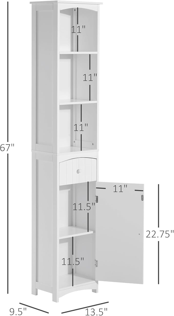 HOMCOM Bathroom Storage Cabinet, Free Standing Bathroom Storage Unit, Tall Linen Tower with 3-Tier Shelves and Drawer, White
