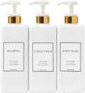 Modern Gold Design Shampoo and Conditioner Dispenser, Large 27oz Shower Soap Dispenser, Set of 3 Refillable Empty Plastic Pump Bottles for Bathroom and Body Wash (6 Waterproof Labels Included), White
