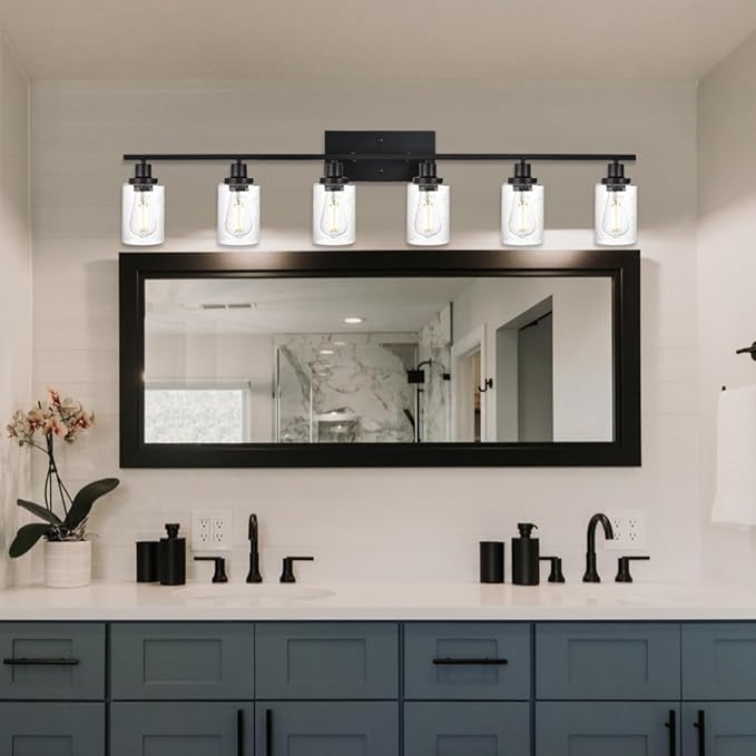 6-Light Seeded Glass Vanity Light Fixtures in Matte Black Finish, 45.3 Inches Length Modern Bathroom Wall Lighting Over Mirror Wall Mount Lights