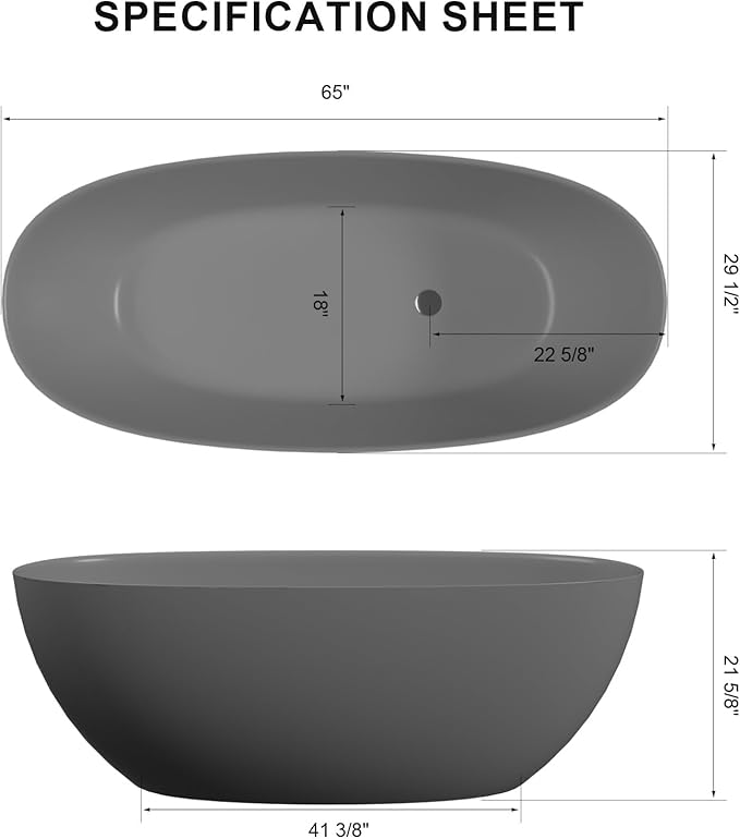GIVINGTREE 65'' Freestanding Solid Surface Resin Stone Bathtub, Contemporary Design Stand Alone Tub with Pop-up Drain and Overflow, cUPC Certified, Matte Grey(Oval)