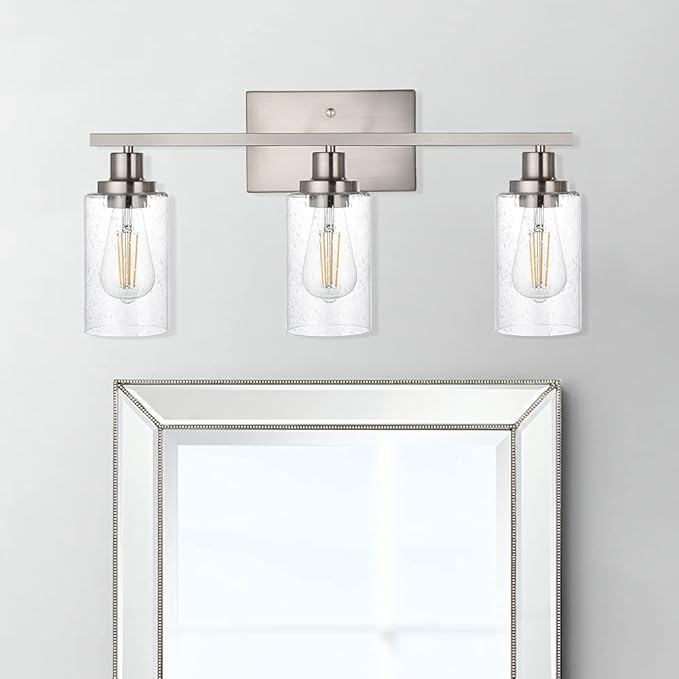 Bathroom Light Fixtures 3-Lights Seeded Glass in Brushed Nickel Finish, 23.6-Inches Vanity Lighting Bath Wall Mount Lamp for Kitchen Living Room Workshop