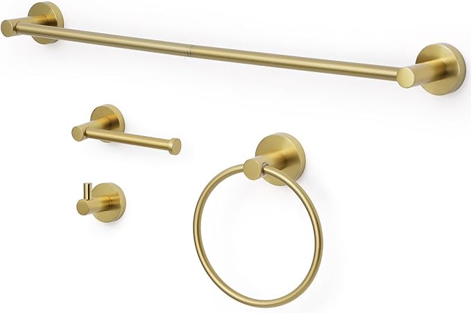 Brushed Gold Bathroom Hardware Set 4 Piece Towel bar Set,Towel Rack for Bathroom Wall Mounted Adjustable Expandable 24 inch Towel Holder Robe Hook Towel Ring Toilet Paper Holder