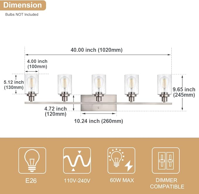 40-Inches Length Bathroom Vanity Lighting Fixtures Over Mirror in Brushed Nickel, 5-Lights Industrial Sconce Wall Lamp with Seeded Glass Shades