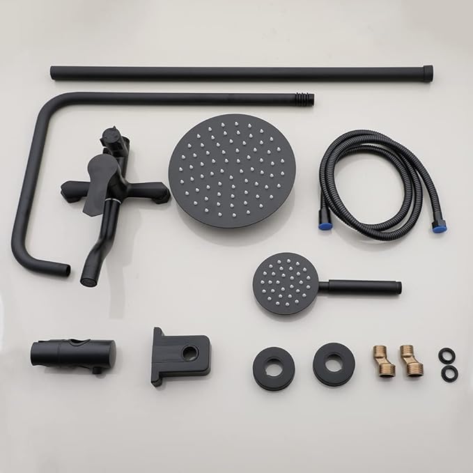 Exposed Shower System 8 Inch Rainfall Shower Head Matte Black Outdoor Shower Fixture 3 Function Stainless Steel Wall Mount Shower Faucet Set with Handheld Sprayer and Tub Spout