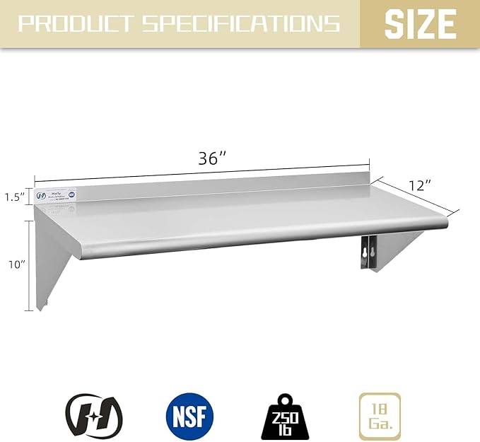 Hally Stainless Steel Shelf 12 x 36 Inches 250 lb, NSF Commercial Wall Mount Floating Shelving for Restaurant, Kitchen, Home and Hotel