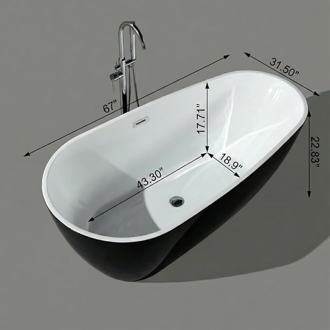 67 Inch Acrylic Freestanding Bathtub, Acrylic Soaking Bathtub with Matte Drain and Overflow, Modern Square Tub, cUPC Certified, Deep Ergonomic Design, Double-Walled Insulation, Easy Installation