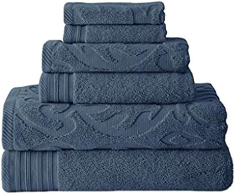 Modern Threads 6 Piece Jacquard/Solid Towel Set-Medallion Swirl Denim