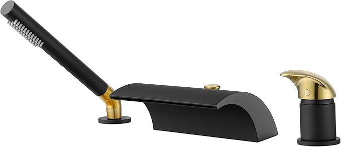 SUMERAIN Waterfall Roman Tub Faucet Deck Mount Bathtub Faucet Brass Tub Filler with Hand Shower, Black and Gold Finish