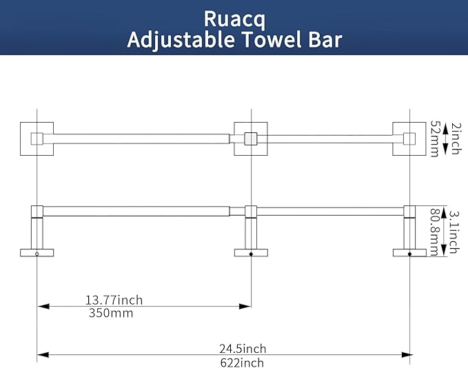 RUACQ Adjustable Towel Bar 13.8 to 24 inch,Square Base Single Towel Racks for Bathroom,Stainless Steel Towel Holder Wall Mounted,Sturdy and Rustproof(Matte Black)