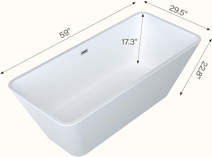 59" Acrylic Freestanding Soaking Bathtub, Matte Drain & Black Overflow, Modern Design Tub for Home Bathroom Renovations, Glossy White
