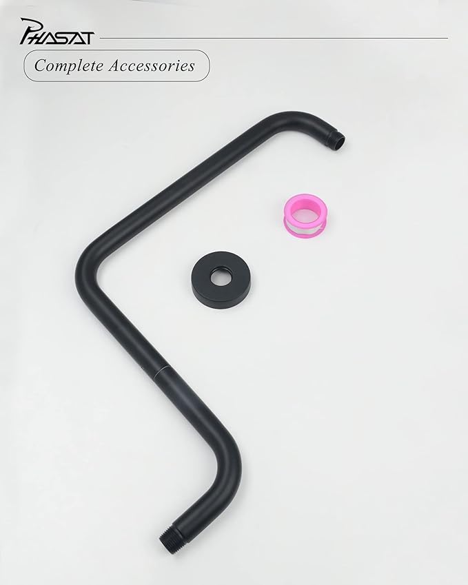 PHASAT Black Shower Head Arm,S Shaped Shower Arm with Flange,High Rise Shower Head Extension Matte Black,Shower arm Extension,PU9H01-M