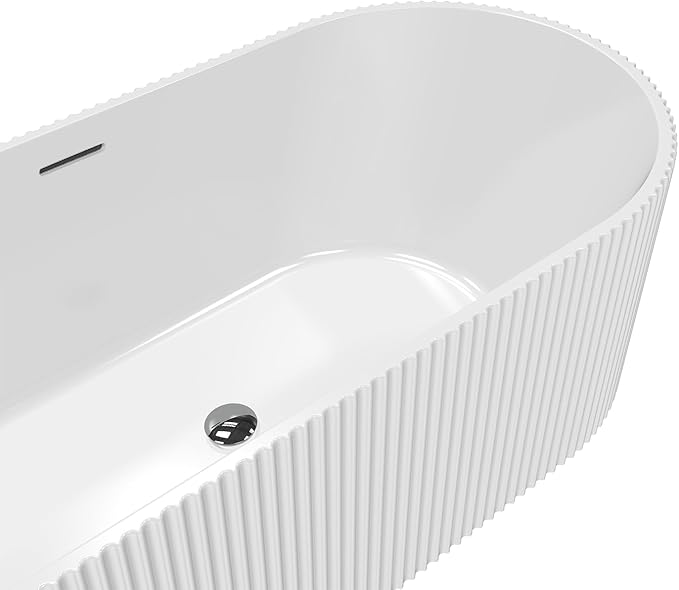 67" Acrylic Freestanding Soaking Bathtub, Matte Drain & Black Overflow, Contemporary Design Tub for Home Bathroom Renovations, Glossy White