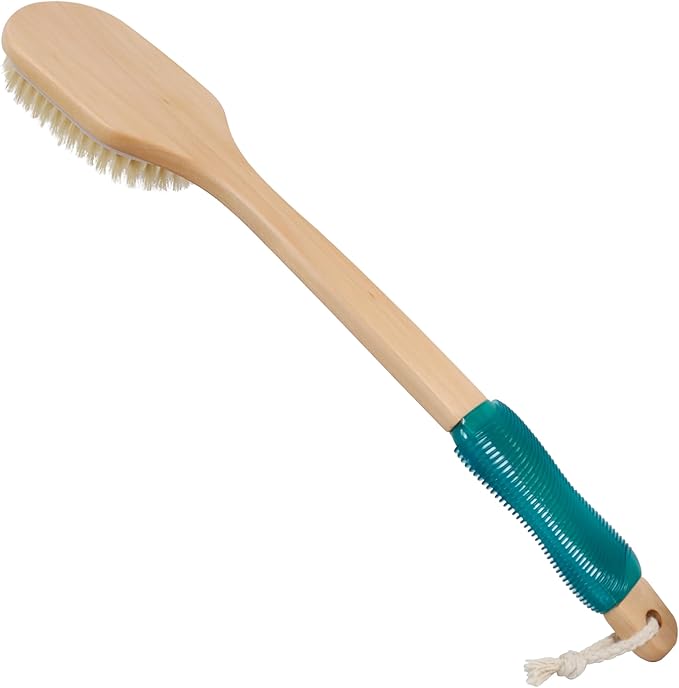 OWIIZI Back Scrubber for Shower Large Surface Body Scrub Brush Stiff Boar Bristles Wooden Curved Long Handle Antiskid Bath Brush for Wet or Dry Brushing