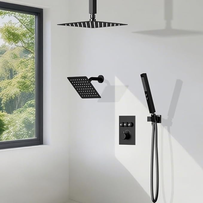 Thermostatic Shower System Matte Black Push Button Shower Faucet Set,12" Ceiling Rainfall and 6" Wall Mount Rain Shower with 2 in 1 Handhled, Can Use All at Once, Shower Set with Valve and Trim Kit