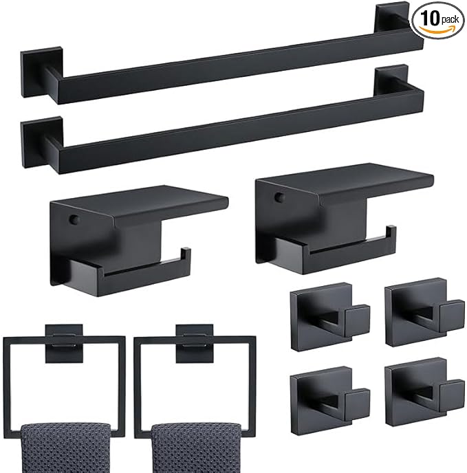 10 Pack Matte Black Bathroom Hardware Set - SUS304 Stainless Steel Wall-Mounted Towel Bar, Holder & Racks, 23.6 Inch