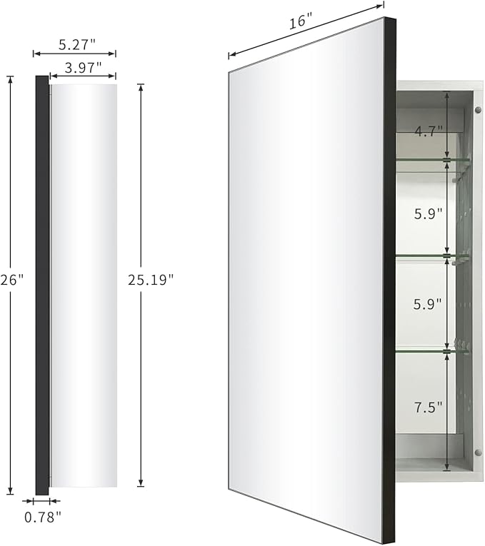 Bathroom Medicine Cabinet with Farmhouse Black Aluminium Alloy Framed 26(H) x 16(W) Inches Recess or Surface Mount Mirror Cabinet for Bathroom Toilet Kitchen