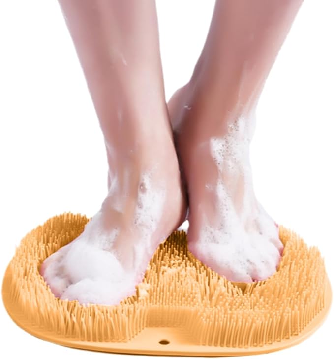 Silicone Shower Foot Scrubber Mat, 2025 Upgraded Exfoliating Bath Pad with Non-Slip Suction Cups Wall Mounted Foot Cleaning Mat (Orange)