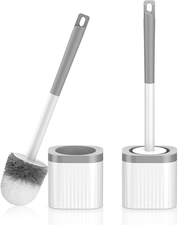 Toilet Brushes, 2 Pack Toilet Brush and Holder Set with Nylon Bristles Toilet Bowl Brush Compact Hidden Scrubber Brushes for Bathroom Deep Cleaning, Grey & White