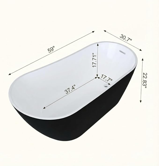 59" Freestanding Acrylic Bathtub, Deep Soaking Tub with Non-Slip Base & Chrome Drain, cUPC Certified, Black Upturned