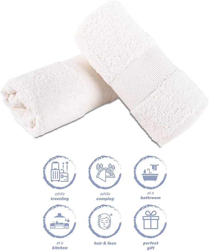 Hencely Luxury Hand Towel - Set of 2 (16x28 Inches) - Soft Turkish Cotton, Absorbent, Quick-Drying Face, Body, Kitchen, and Bathroom Towel (Hand Towels 2 Pack, White)