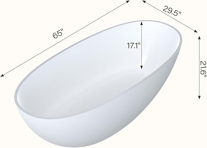 65 in Solid Surface Freestanding Bathtub, Contemporary Oval Shape Soaking Tub, Stone Resin Stand Alone Bathtub With Pop-Up Drain and Overflow, Cupc Certified,Matte White
