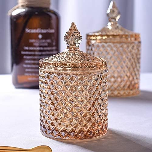 Colorful Home Decorative Jar Qtips Holder Dispenser Glass Storage Container Bathroom Counter Vanity Organizer for Bath Salts/Swabs/Rounds Makeup Sponges Toothpick Jewelry (Amber,10 oz，2