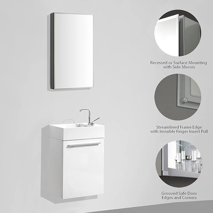 Blossom 15x26 Inch Aluminum Medicine Cabinet with Mirror – Recessed or Surface Wall Mounted Bathroom Storage with Adjustable Glass Shelves, Soft Close Hinges, Rust-Resistant and Modern Mirrored Design