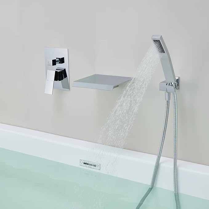 Wall Mount Tub Filler Waterfall Tub Faucet Chrome Bathtub Faucet Brass Single Handle Bathroom Faucet with Hand Shower