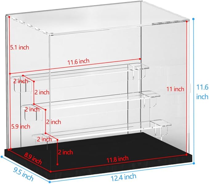 Choowin 4 Tier Clear Acrylic Display Case for Collectibles, Mini Figures, Pop Mart, Labubu, Sonny Angel, Smiski - Assemble Dustproof Acrylic Display Box with Door, Stand (Black Base, Clear Step)