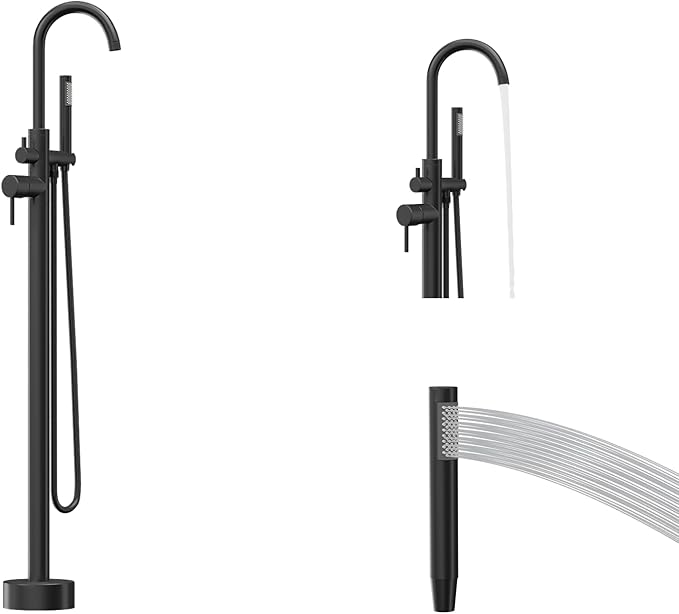 Freestanding Tub Filler Matte Black Floor Mount Bathtub Faucet Bathroom,Rough-in Valve 2 Function Handshower for Tub Rinsing Bathing,Anti-Wobble Base,Cylinder Handheld