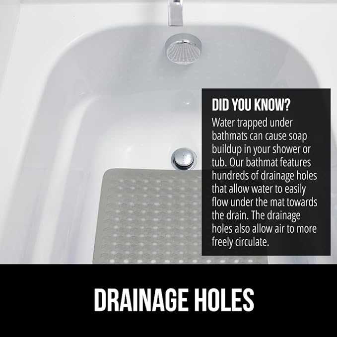 GORILLA GRIP Patented Bath Tub Shower Mat, Machine Washable Bathtub Floor Liner Mats, Suction Cups and Drain Holes to Keep Tubs Clean, Soft on Feet, Bathroom Essentials, 35x16 Inch, Gray Opaque