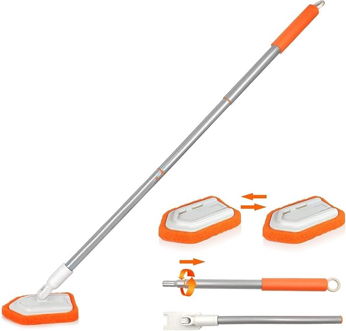 Shower Scrubber for Cleaning with Long Handle,Cleaning Brush with 2 Interchangeable Scrub Brush for Bathroom, Bathtub, Wall, Floor