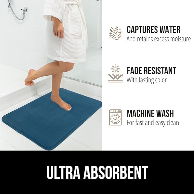 GORILLA GRIP Memory Foam Bath Mat, Soft Absorbent Velvet Bathroom Mats, Durable Dots on Underside, Machine Washable Bathmat, Carpet Rug Room Decor for Shower Tub Floor RV, 30x20 Rugs, Blue