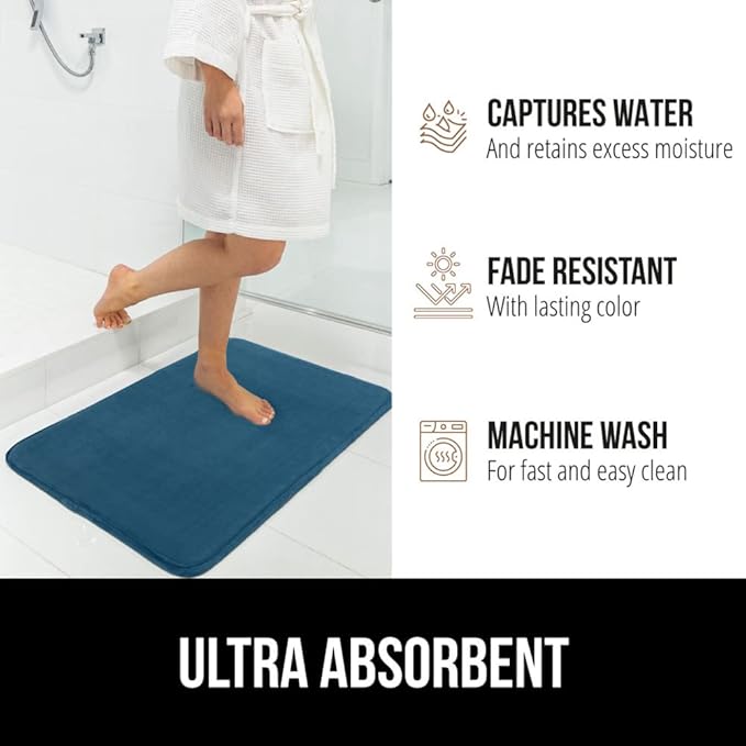 GORILLA GRIP Memory Foam Bath Mat, Soft Absorbent Velvet Bathroom Mats, Durable Dots on Underside, Machine Washable Bathmat, Carpet Rug Room Decor for Shower Tub Floor RV, 36x24 Rugs, Blue