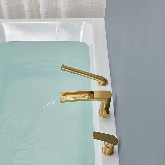 Waterfall Roman Tub Faucet Brushed Gold Deck Mount Bathtub Faucets Brass Tub Filler Bathroom Faucets with Hand Shower