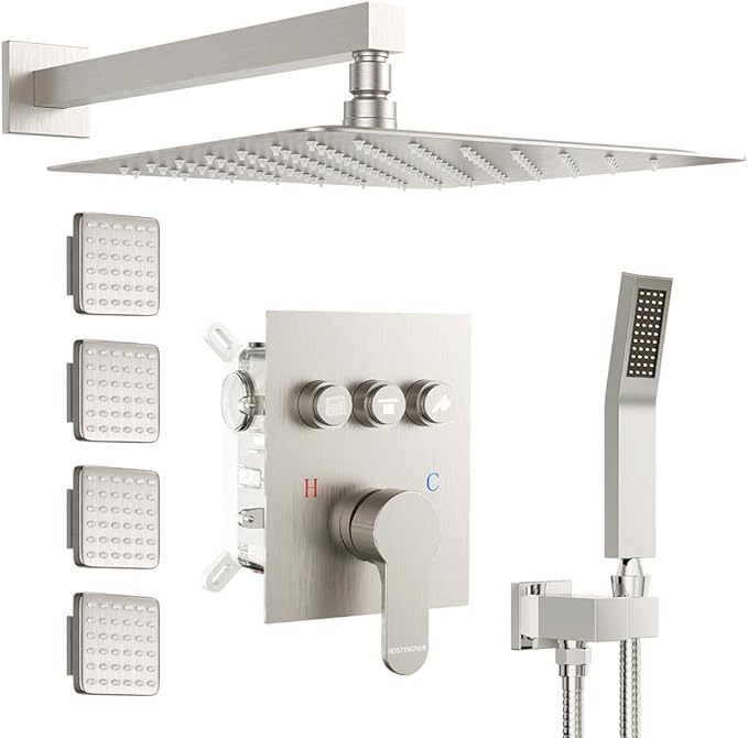 Shower System with Body Jets, Bostingner Shower Faucet Set 12" Rain Shower Head with Handheld Spray, Can Use at Same Time, 3 Way Push Button Diverter Shower Set Complete, Brushed Nickel
