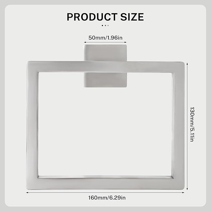 2-Piece Brushed Nickel Square Towel Ring,Modern Hand Towel Holder for Bathroom,Stainless Steel Towel Hangers Wall-Mounted Towel Rack