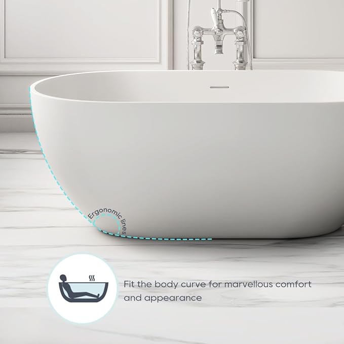 SJ STAR&JANE 59" Solid Surface Freestanding Bathtub, Matte White Oval Soaking Stone Resin Tub with Overflow and Pop-up Drain for Modern Bathrooms