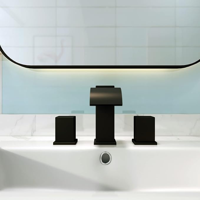Luxury Brass 8 Inch Spread Modern Widespread Waterfall Bathroom Sink Faucets with Copper Valve for 3 Hole 2-Handle Deck Bathroom Vanity Faucet, &Stainless Steel Pop-up Drain Assembly, Matte Black