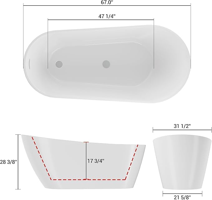 67'' Acrylic Freestanding Bathtub, Deep Soaking Tub, Non-Slip Upright Bathtub for Adults, cUPC Certified Bath, Chrome Drain, Modern, Bathroom, Scratch Resistant White Tub