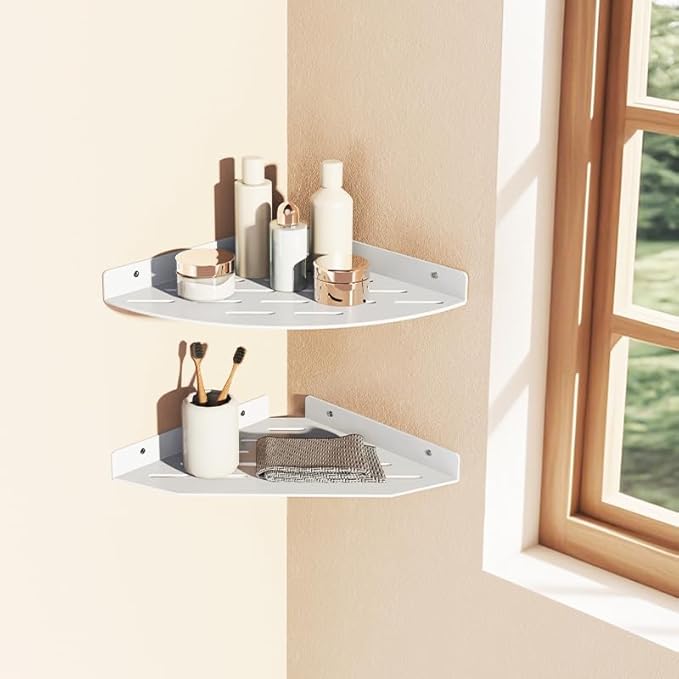 Shower Caddy Hanging Storage Rack Kitchen, Corner Shelf Bathroom Shelves, Metal Floating Shelves for Wall Mounted, Bath Shelving White 12x8.6 inch(31x22cm)