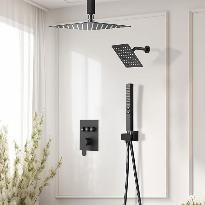 Shower Faucet Set, 12" Shower System with Rain Shower and Handheld, Ceiling Mount Dual Head Can Run All Together For Two People, 3 Way Shower Valve with 5 Diverter Complete, Matte Black