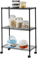 3 Tier Storage Racks Shelving, Heavy Steel Pantry Shelves, Adjustable Wire Shelving Rack with Wheels, Suitable for Garage, Kitchens, Offices, 19.7" W x 9.8" D x 28" H, Black