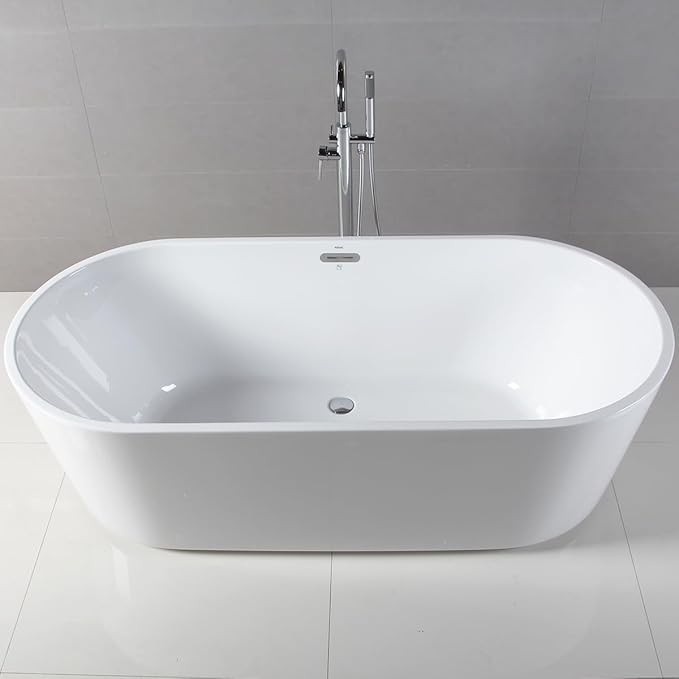 FerdY Shangri-La 67" Acrylic Freestanding Bathtub, Ergonomic Lightweight Classic Oval Soaking Bathtub with Toe-Tap Chrome Drain, Classic Slotted Overflow, Glossy White