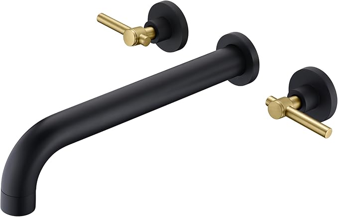 SUMERAIN Wall Mount Bathtub Faucet Set Long Spout Tub Filler High Flow Rate Black and Gold Finish