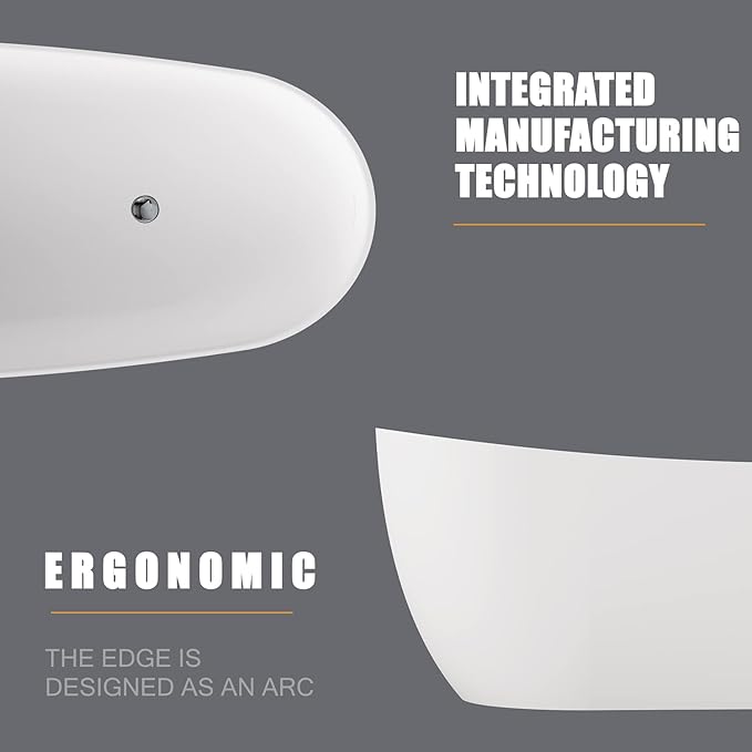 Cpingao (66.9"Lx31.5"Wx25.1"T) Matte White Stone Resin Solid Surface Freestanding Bathtub, Modern Stand Alone Soaking Tub with Overflow and Pop Up Drain,One-Piece Molding 8828