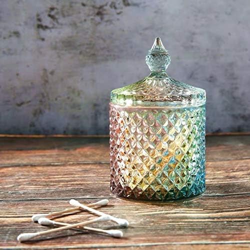 Colorful Home Decorative Jar Qtips Holder Dispenser Glass Storage Container Bathroom Counter Vanity Organizer for Bath Salts/Swabs/Rounds Makeup Sponges Toothpick Jewelry(Rainbow, 10 oz)